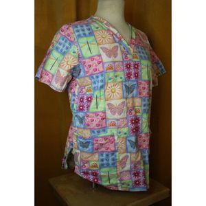 Cherokee Small Multicolor Flowers Butterflies V-Neck Back Drawstring Scrub Top